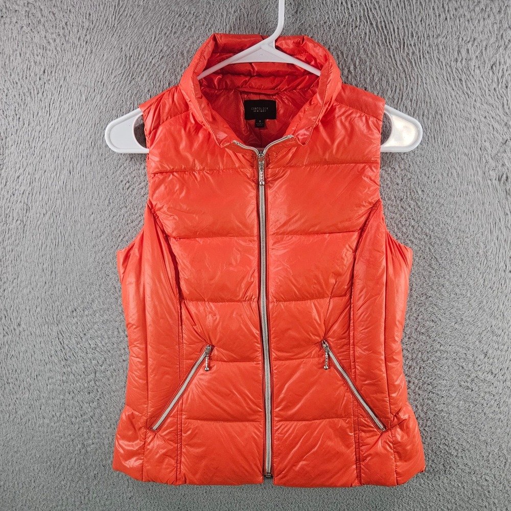 Coatology New York Womens Orange Down Puffer Vest Small Full Zip Quilted Ripstop
